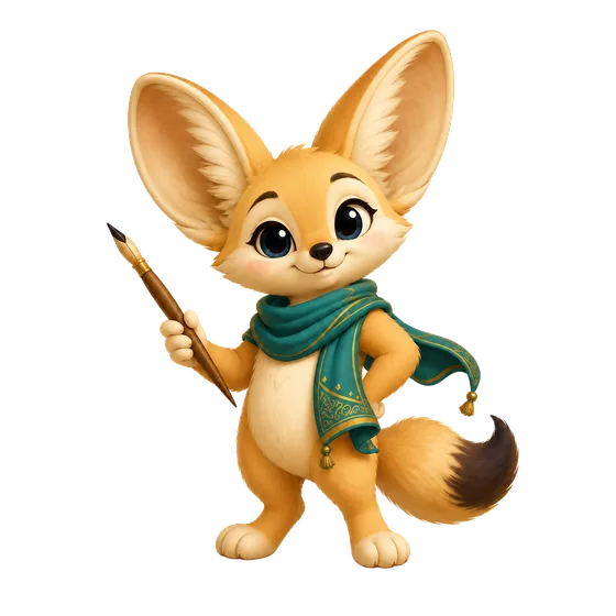 Fenn the fennec fox, Nuqtara's guide, holding a calligraphy pen