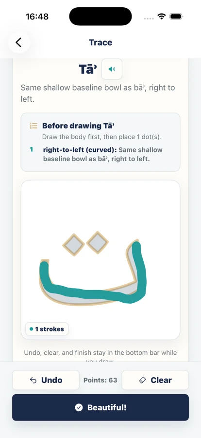 Trace screen: tracing the letter tāʾ with stroke guidance and feedback.